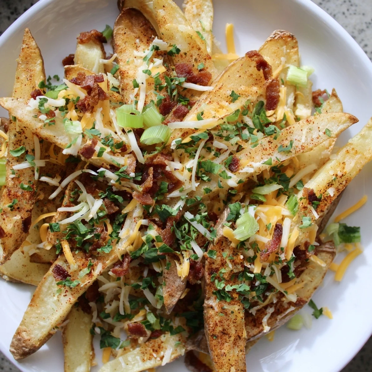 Gepfefferte Super Bowl Cheese Fries im Ofen geröstet mit cremigem Sour Cream Dip.