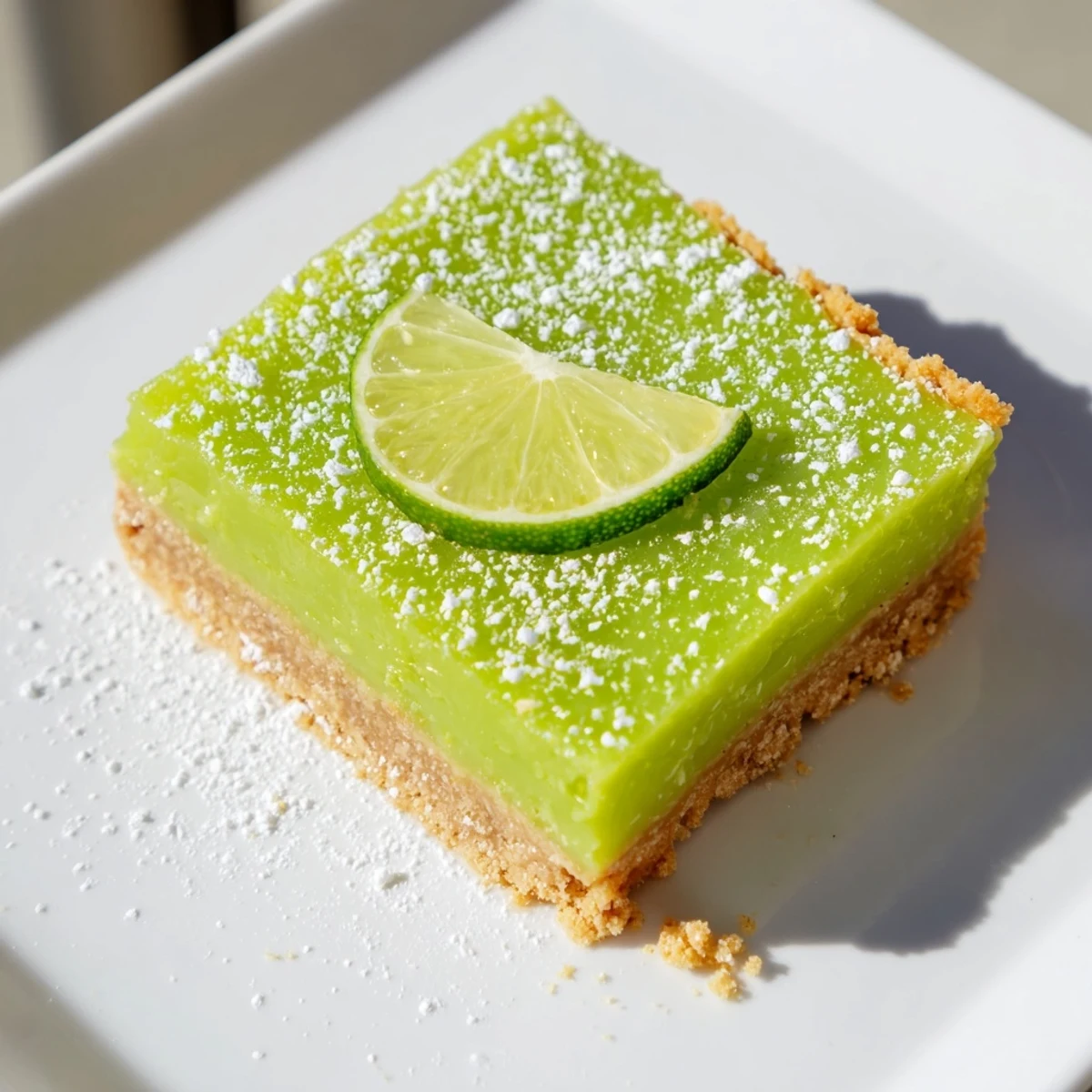 Close-up of St. Patricks Day Lime Bars with Graham Crust on a white plate, dusted with powdered sugar and lime zest.