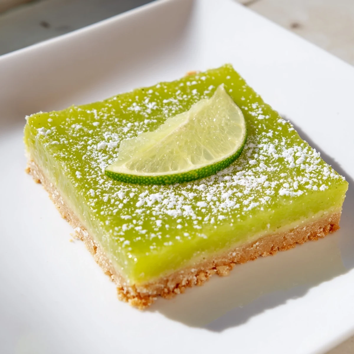 Vibrant green St. Patricks Day Lime Bars with Graham Crust sliced into squares, garnished with fresh lime slices.