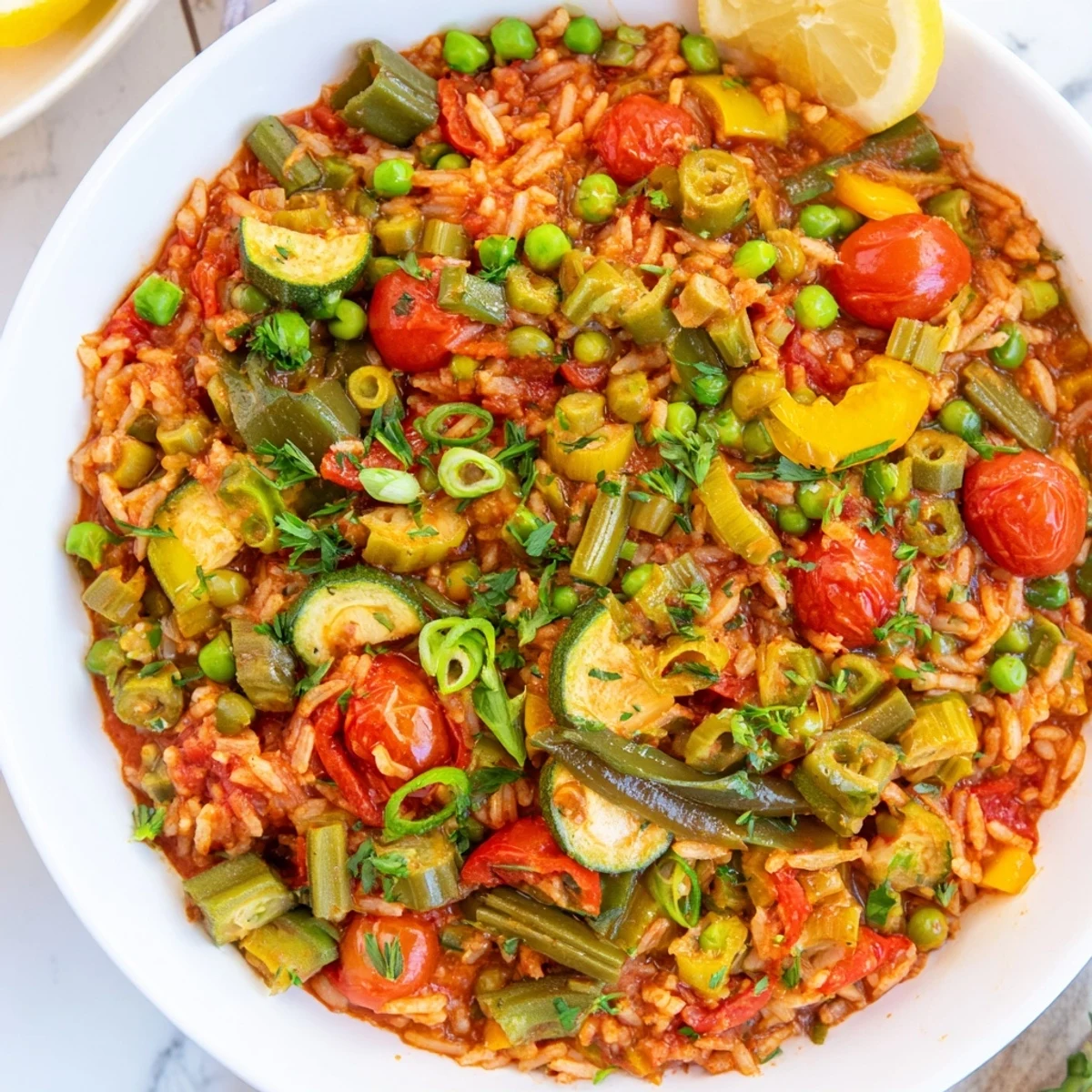 Ein Topf Mardi Gras Vegetable Jambalaya neben frischen Gurken und Limetten auf rustikalem Holz.