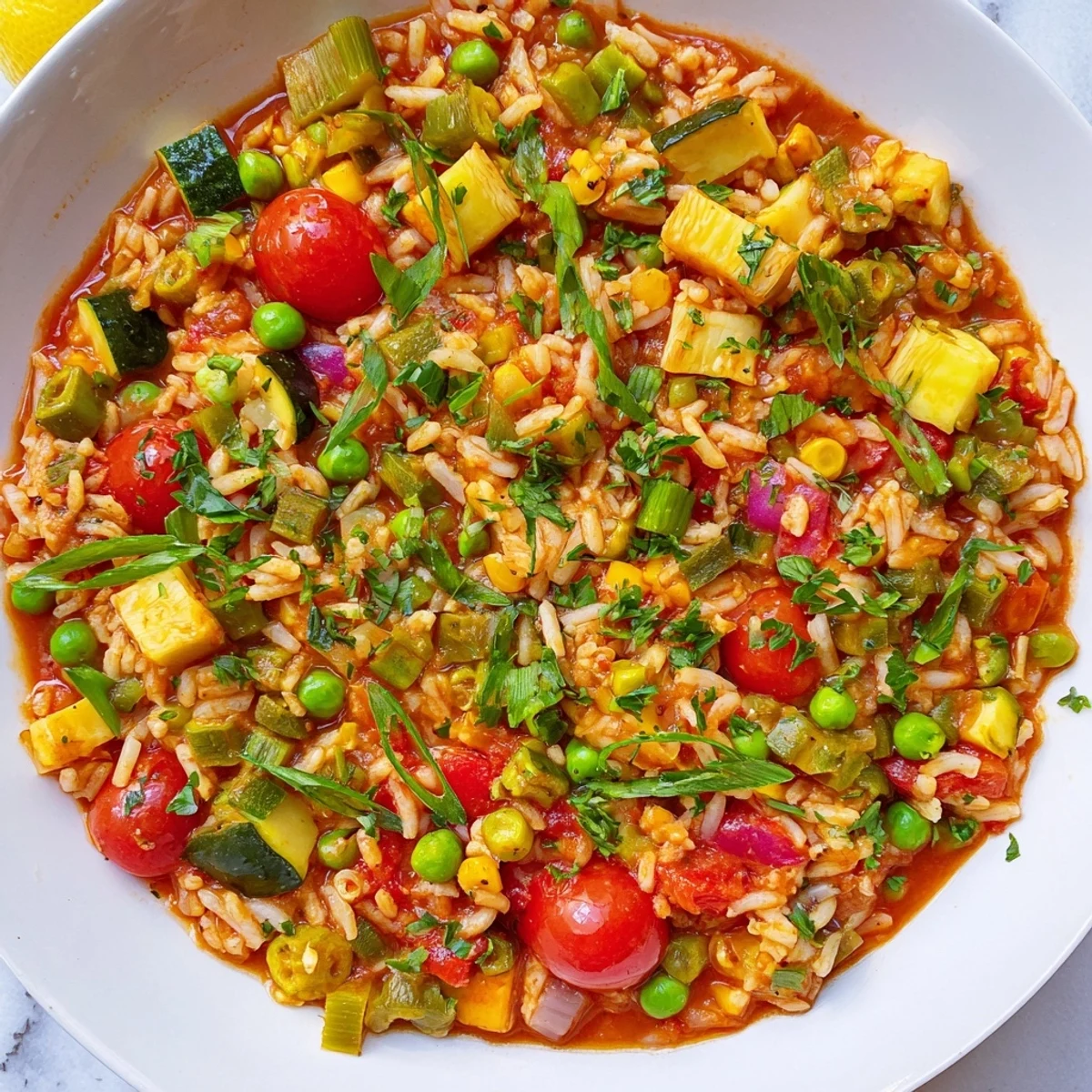 Dampfendes Mardi Gras Vegetable Jambalaya mit Pilzen und Paprika auf blau-weißem Teller serviert.