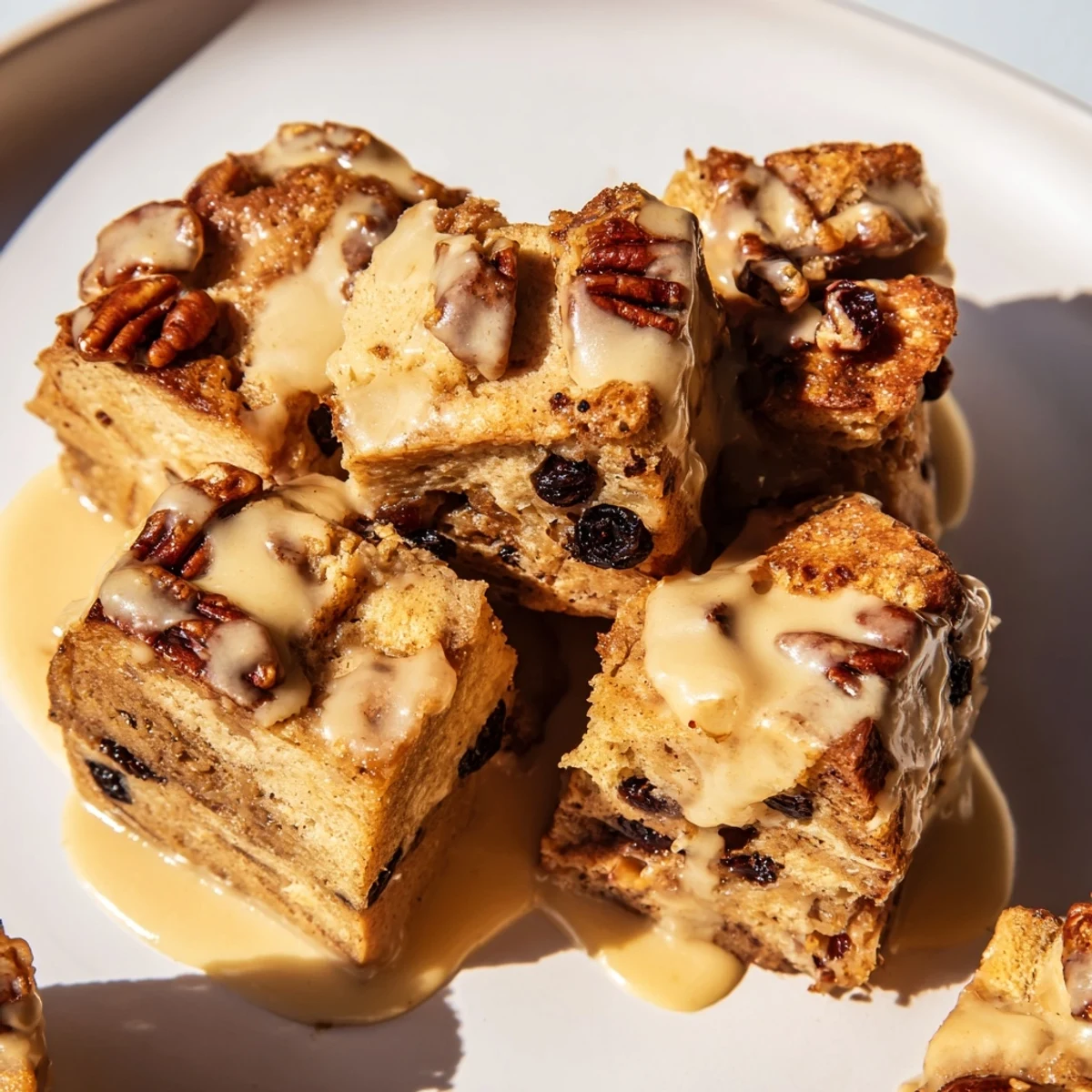 Golden New Orleans Bread Pudding drizzled generously with warm, homemade vanilla sauce on a rustic table.