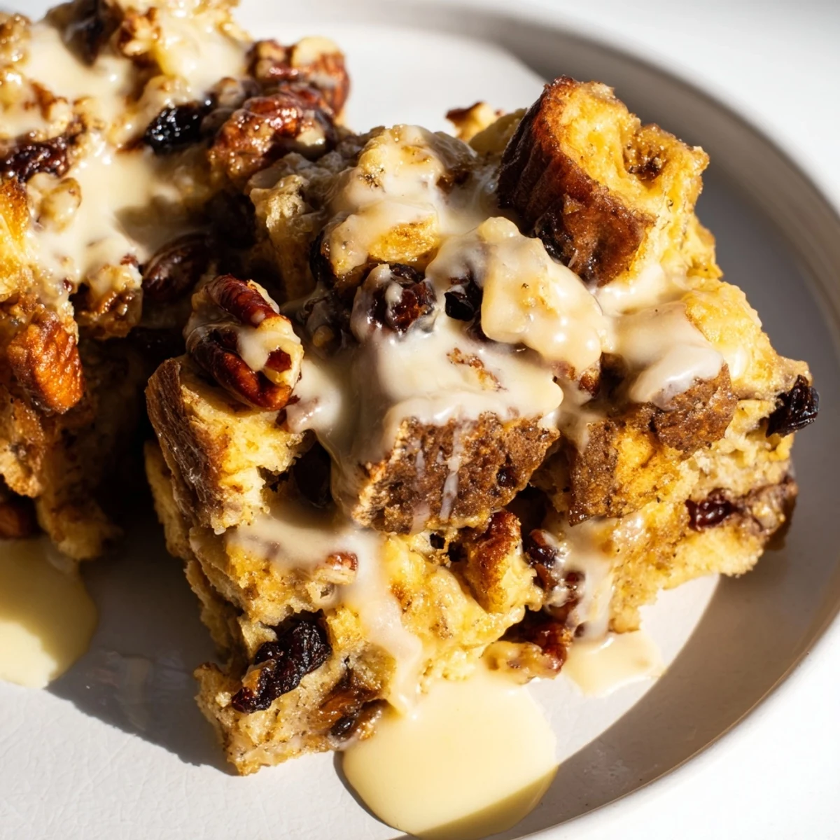 Freshly baked Southern New Orleans Bread Pudding with pecans and raisins served beside a steaming mug of coffee.