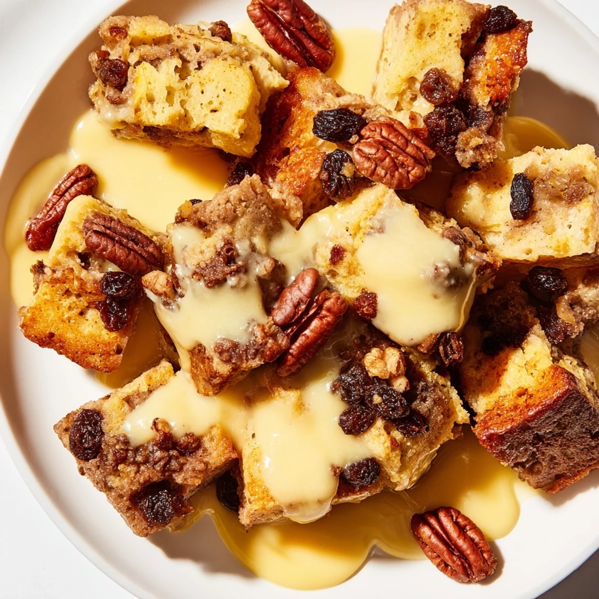 A close-up view of moist New Orleans Bread Pudding with a luscious vanilla sauce glaze and a scoop of ice cream.
