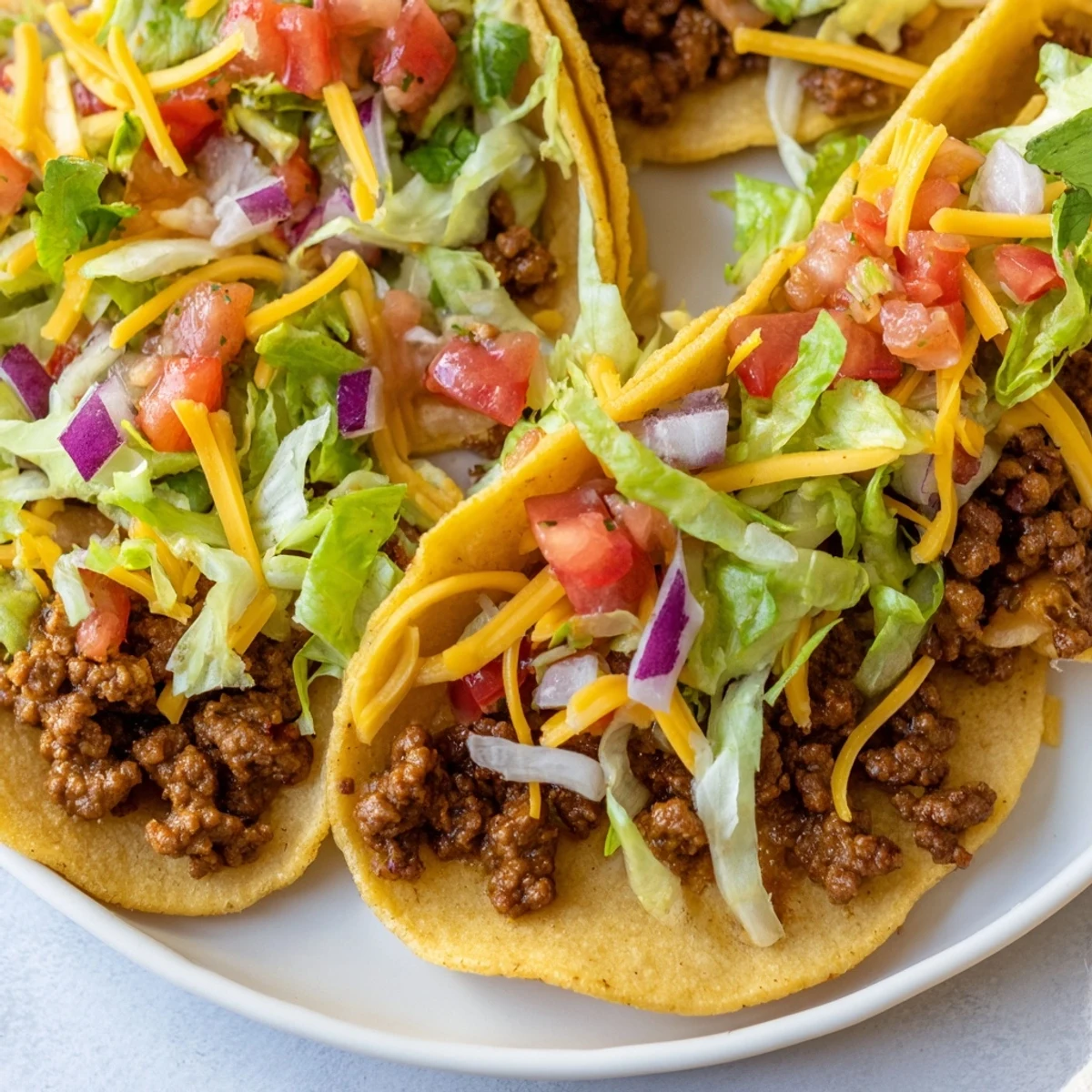 Freshly assembled Big Game Mini Tacos with Salsa, beef, lettuce, and juicy tomatoes ready to serve to guests.