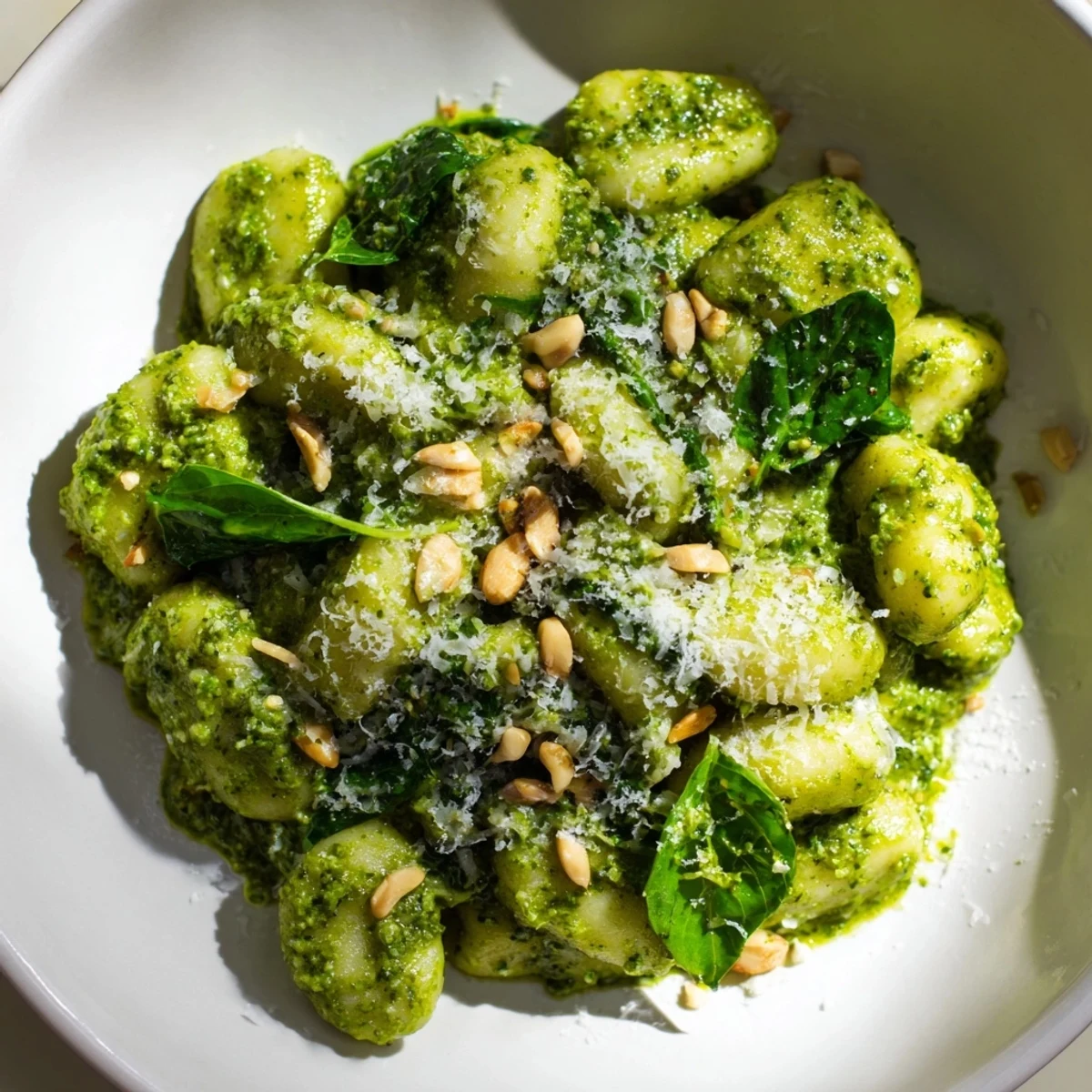 Gekochte Green Pesto Gnocchi mit Spinat auf einem Teller, üppig mit Parmesan bestreut, ein aromatisches italienisches Hauptgericht.