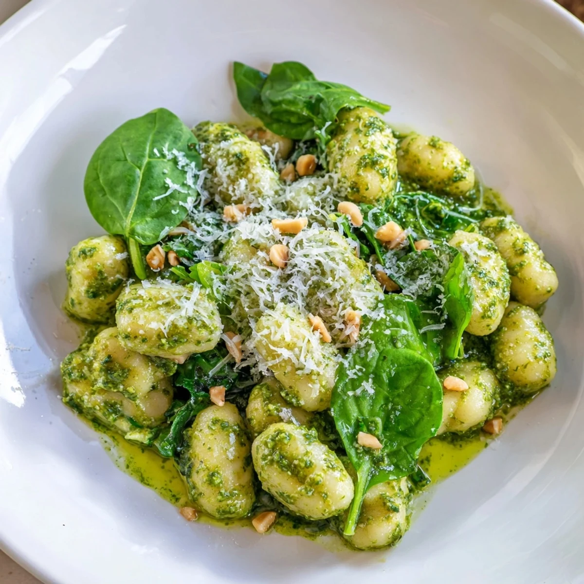 Saftige Green Pesto Gnocchi mit sautiertem Spinat und goldenen Pinienkernen, ein frisches vegetarisches Rezept für US-Küchenliebhaber.