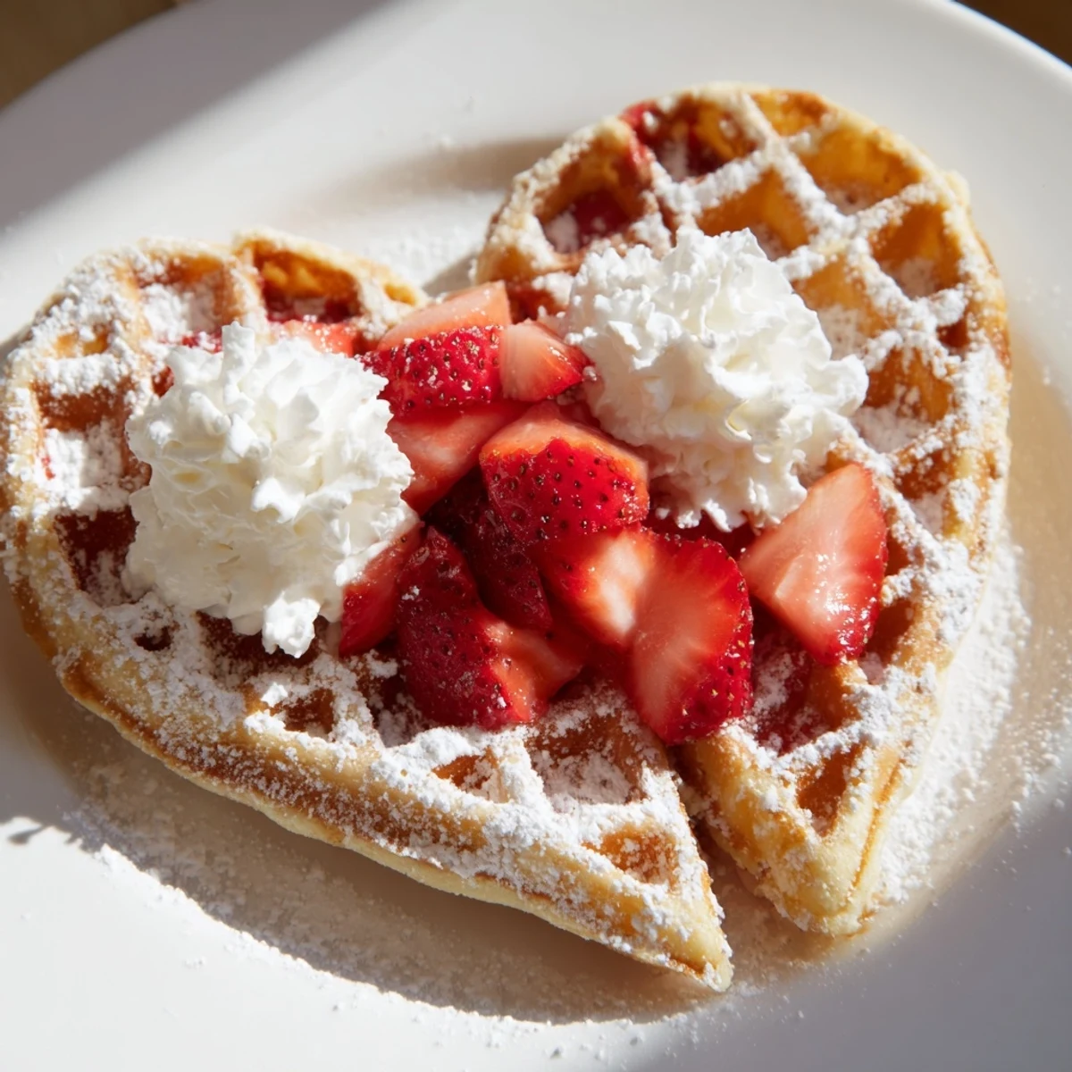 Zwei goldbraune Sweetheart Heart Shaped Waffles mit zartem Puderzucker bestreut auf einem Holztisch.