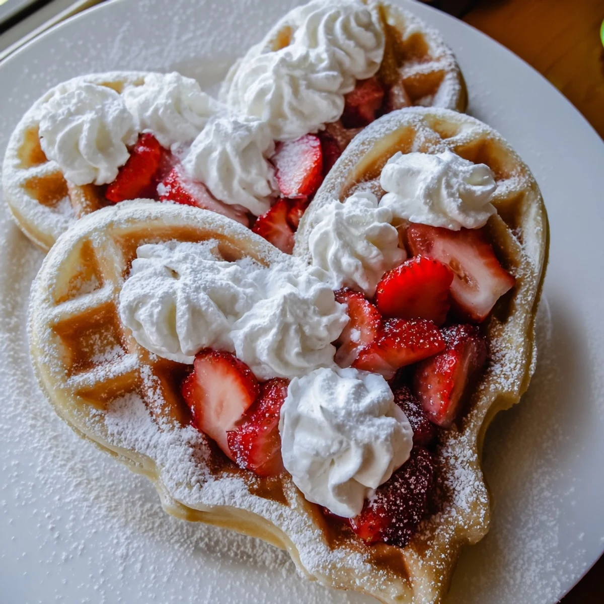 Herzhafte Sweetheart Heart Shaped Waffles mit frischen Erdbeeren und flüssigem Ahornsirup getränkt.