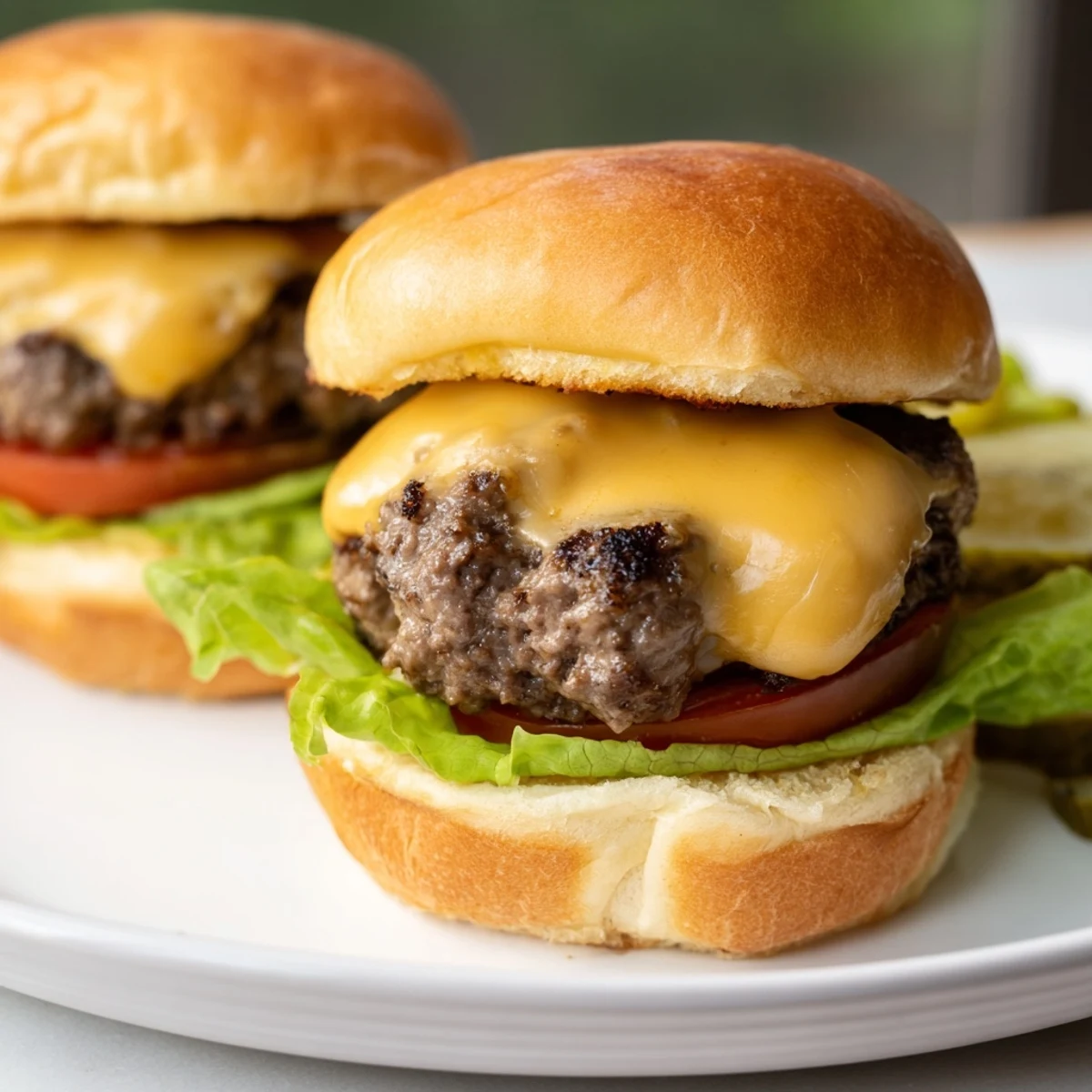 Deluxe Beef Sliders mit Cheddar Cheese, knusprigen Gurken und cremigen Condiments auf hell getoasteten Mini-Brötchen.