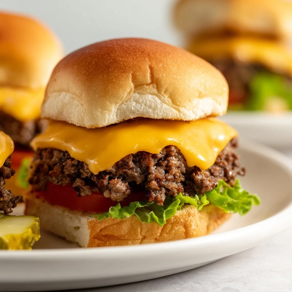 Köstliche Beef Sliders mit Cheddar Cheese, frisch gegrillt mit saftigem Patty und würziger Zwiebel als Topping.