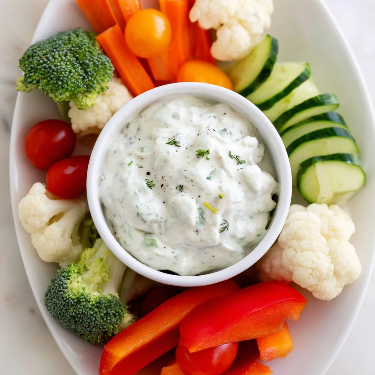 Frisches Veggie Tray with Ranch Dip mit knackigen Karotten, glänzenden Tomaten und cremiger Dip-Schale im Zentrum.