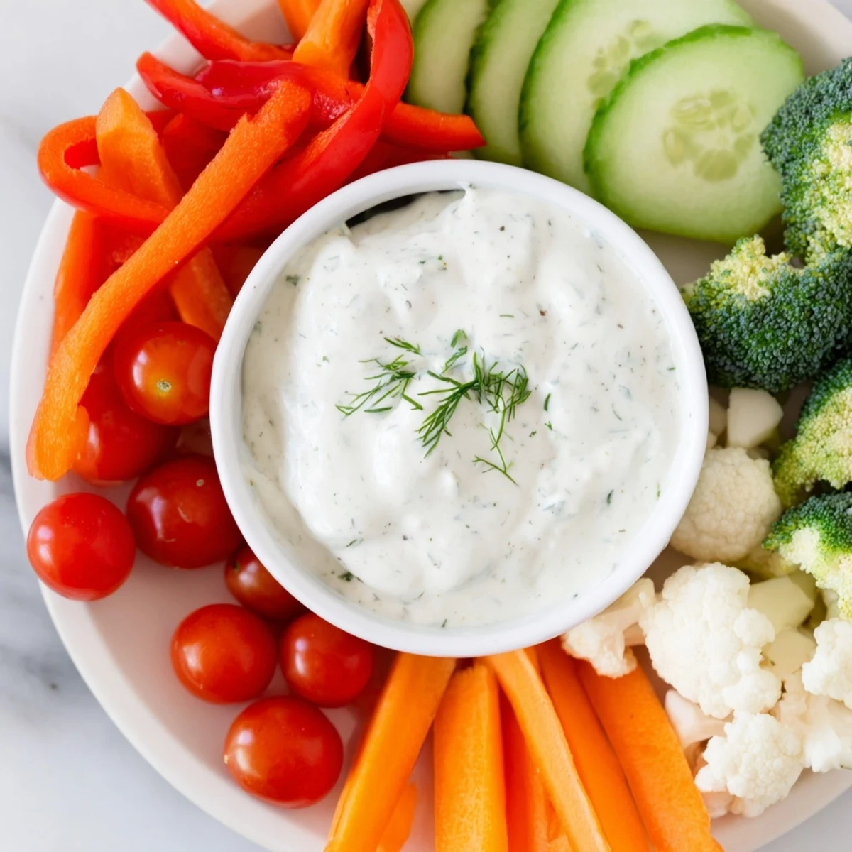 Buntes Veggie Tray with Ranch Dip, bunte Brokkoli- und Blumenkohlröschen für gesunde Party-Snacks.