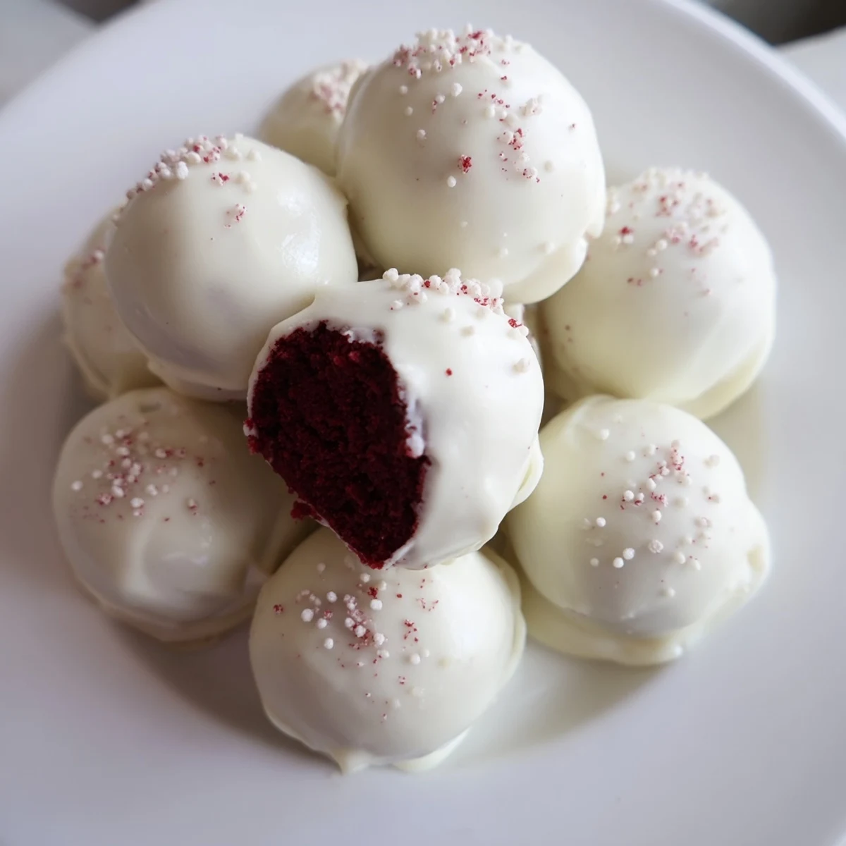 Rot Samt Kuchen Pops mit weißer Schokolade, in dezenten Zuckerstreuseln verziert, perfekt für Party-Gäste.