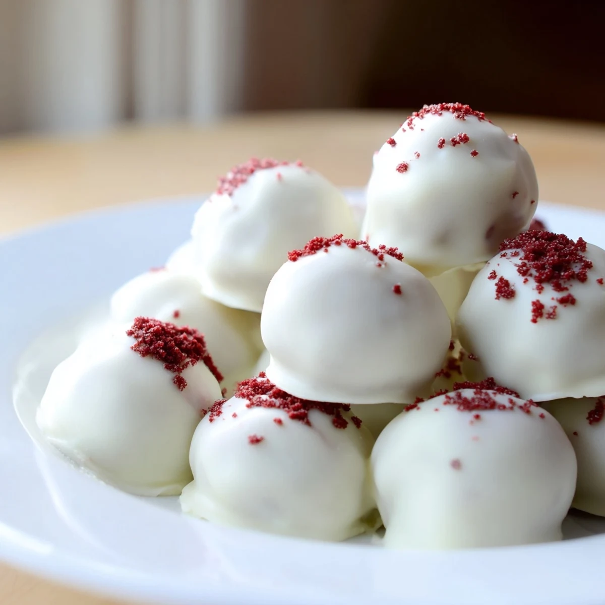 Köstliche Bisse aus feuchtem Rot Samt Kuchen, umhüllt von cremiger Frischkäse-Glasur und weißer Schokolade.