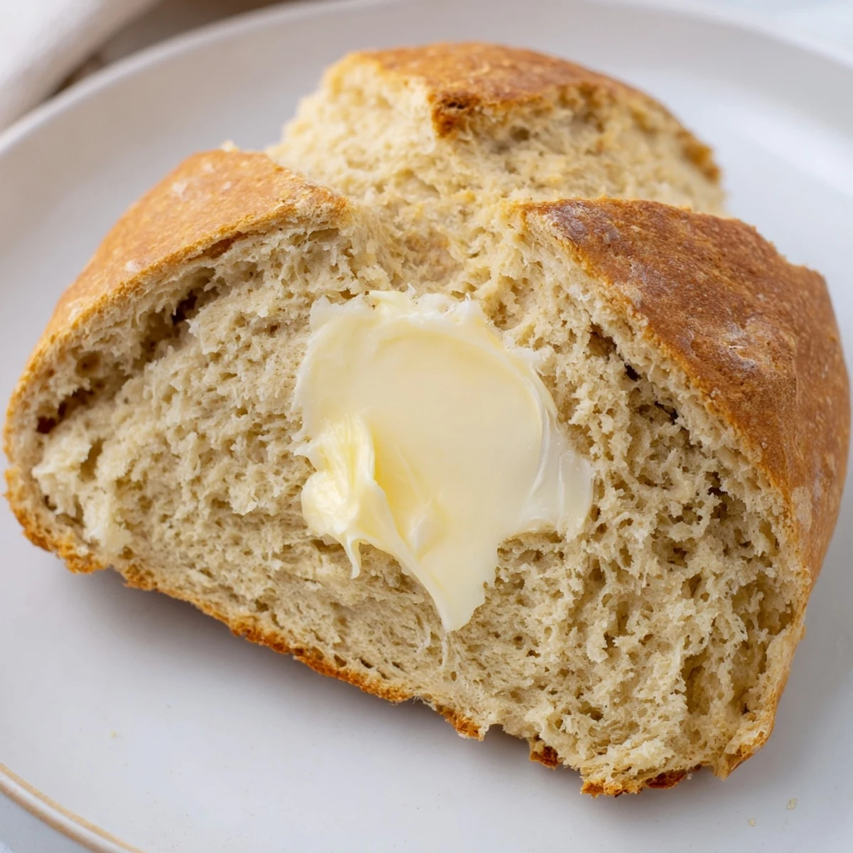 Freshly baked Soda Bread with Irish Butter, a cross on top, served on a wooden board.