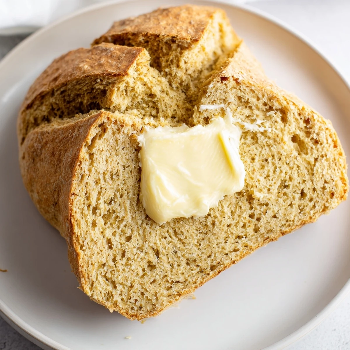 Warm slice of Soda Bread with Irish Butter, butter melting, crumbs tender, a cozy Irish spread.