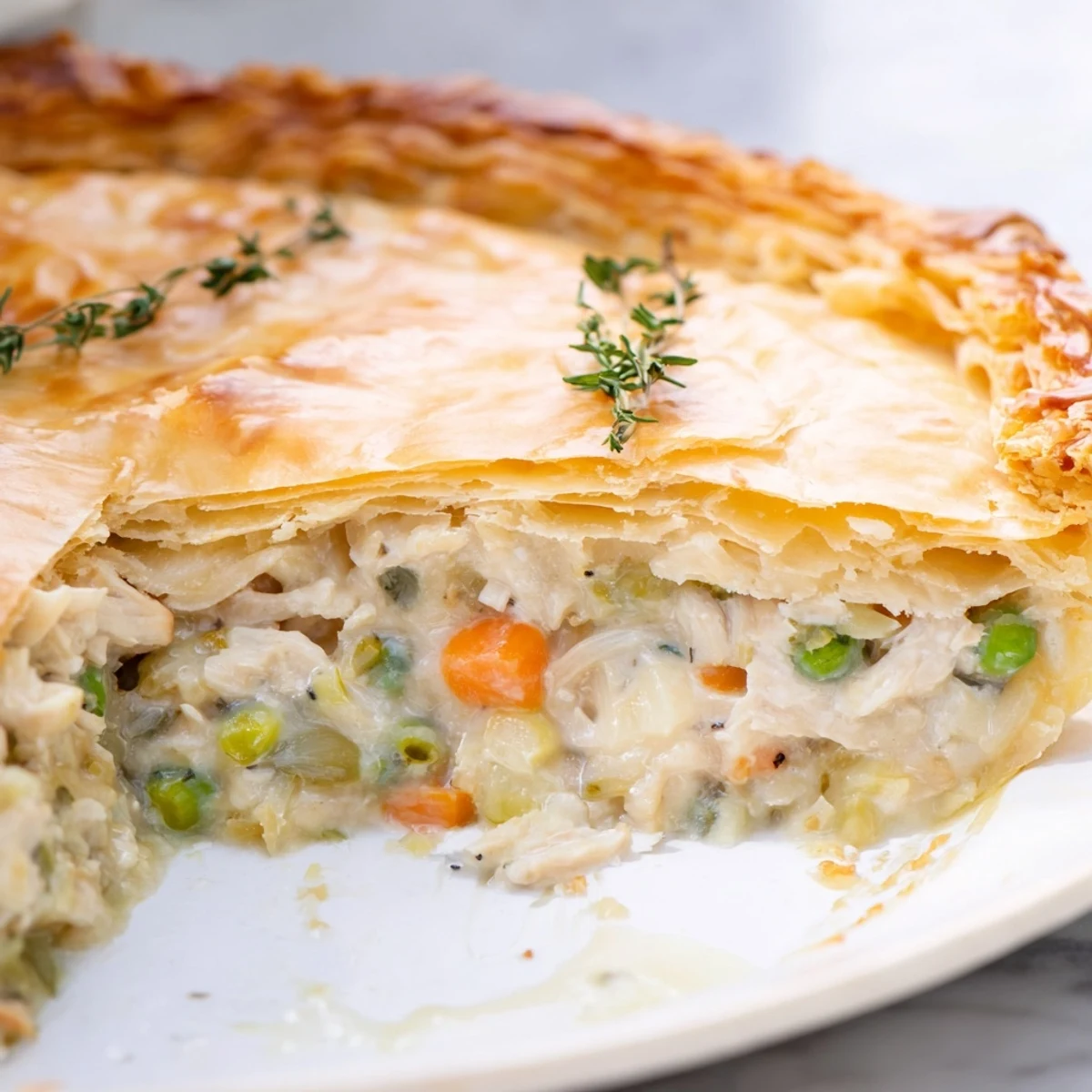 Goldener Auflauf mit Biscuit-Belag, gefüllt mit saftigem Hühnchen und cremigen Gemüsestücken.  