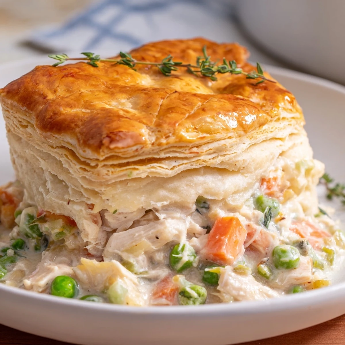 Hausgemachte Chicken Pot Pie mit knusprigem Teig, serviert mit einer Prise frischem Thymian.  