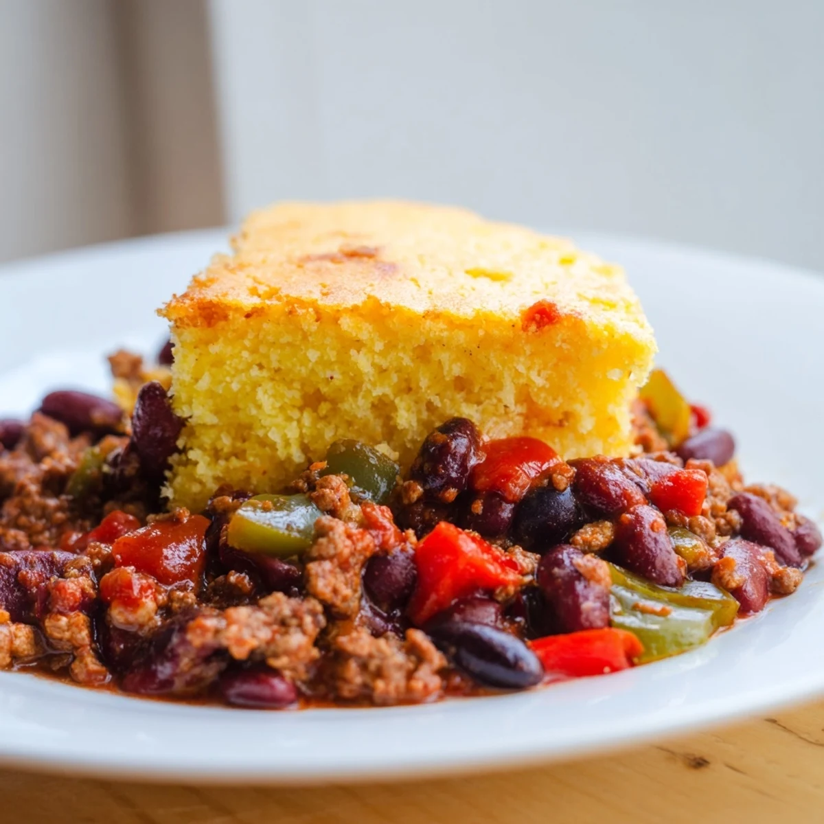 Goldene Cornbread-Decke auf reichhaltigem Rindfleisch-Chili mit Bohnen und Paprika.