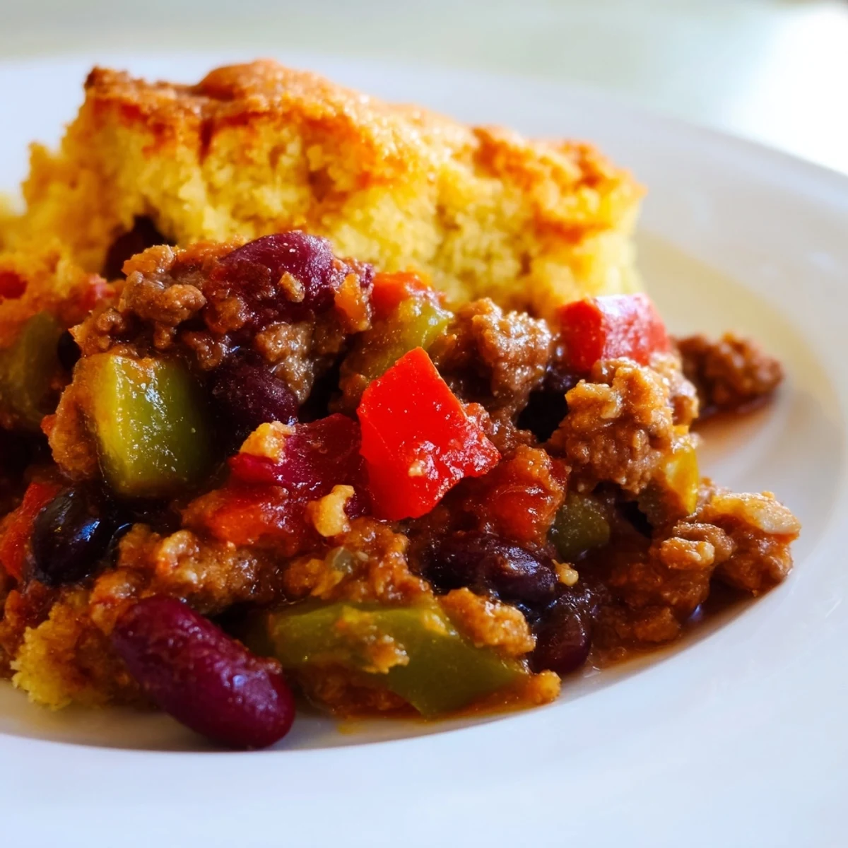 Heißes Beef Chili mit saftigem Cornbread-Topping, Serviervorschlag mit frischer Koriander und Sauerrahm.