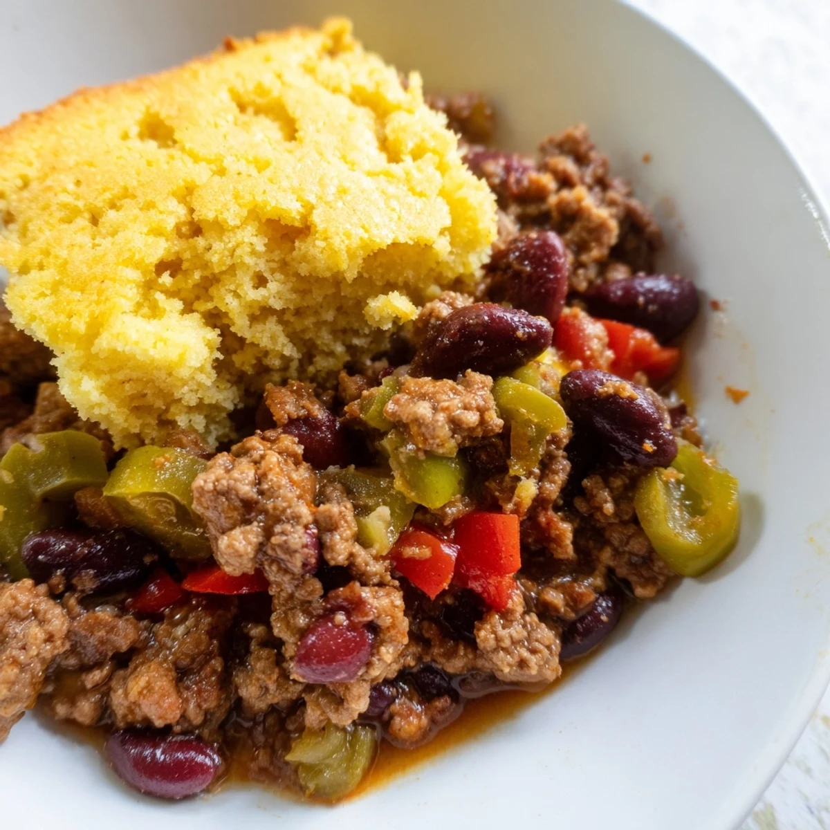 Gepfefferte Rindfleisch-Chili-Casserole unter knuspriger, leicht süßer Cornbread-Kruste aus dem Ofen.