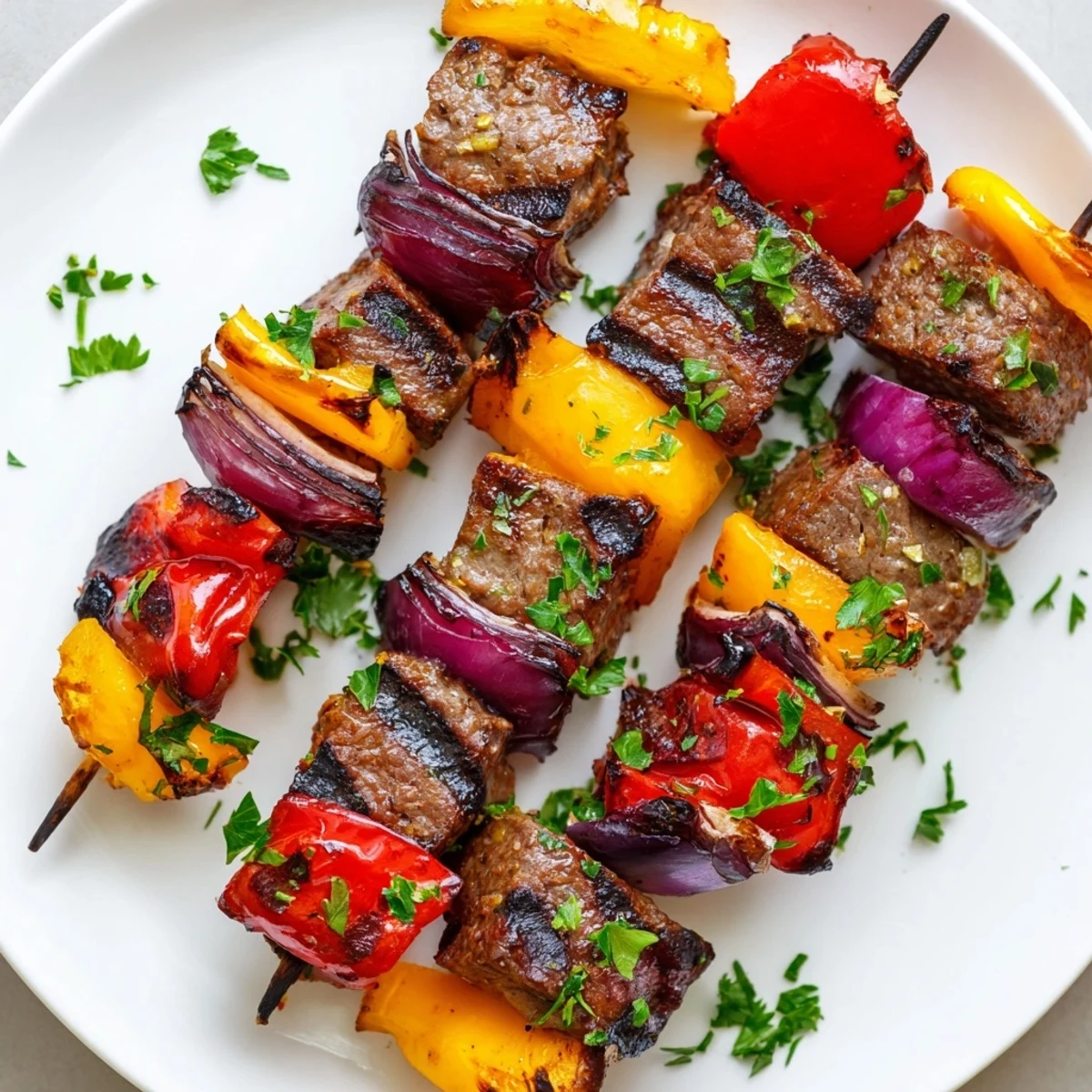 Saftige Beef Sausage Skewers mit Peppers liegen neben frischen Kräutern und Zitronenspalten auf einem sonnenbeschienenen Grillrost.