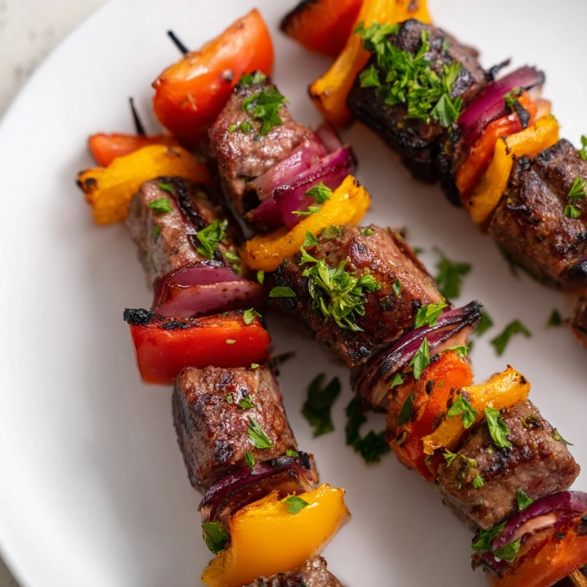 Auf einem Holztisch stehen gegrillte Beef Sausage Skewers mit bunt schimmernden Paprikastücken und Zwiebeln in einer Schale.