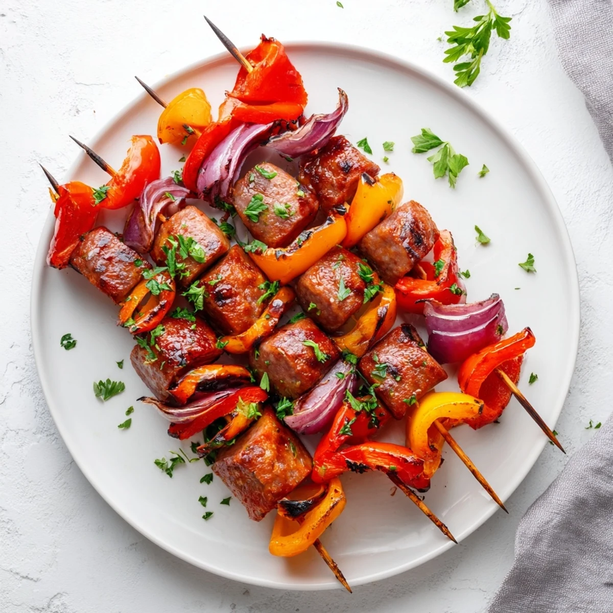 Beef Sausage Skewers mit Peppers duften nach Rauch, sind goldbraun gegrillt und werden auf einem rustikalen Teller serviert.