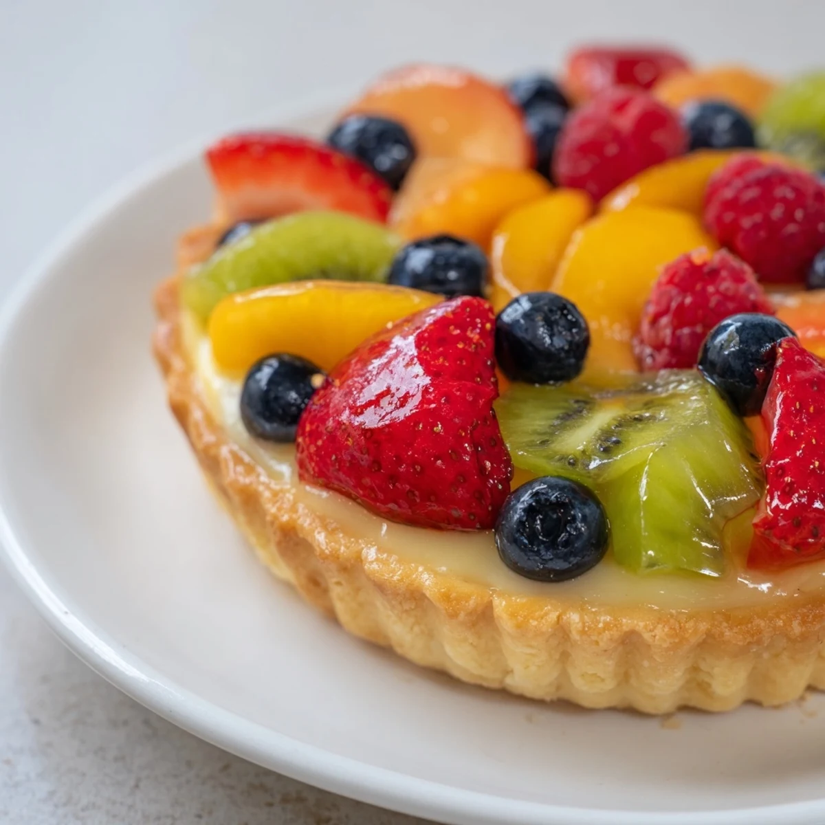 Klassischer französischer Tart mit knusprigem Butterboden, cremiger Vanillesoße und frischem Obst.  