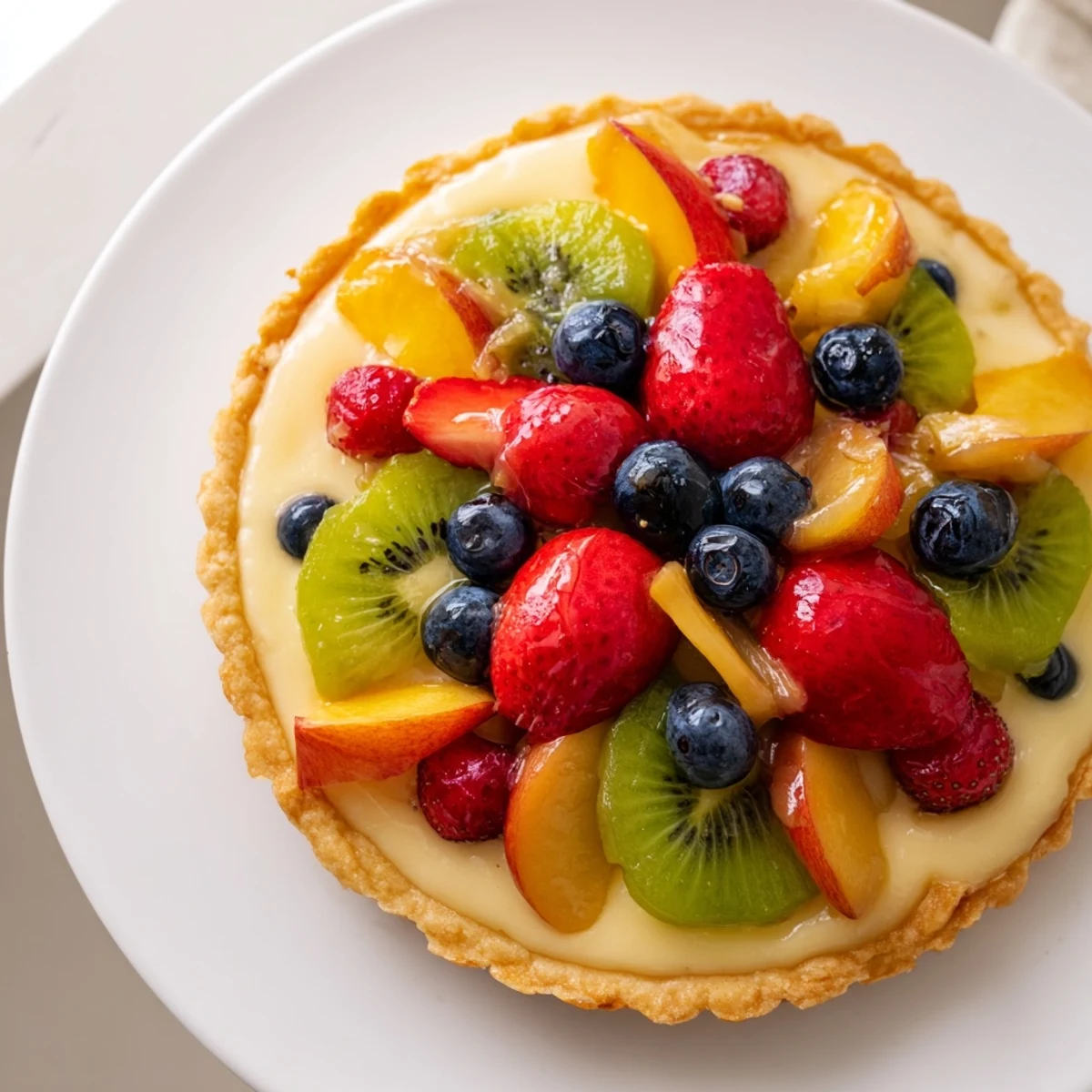 Glänzender Fruit Tart mit Vanillecreme und buntem Sommertoppings auf holzerner Oberfläche.  
