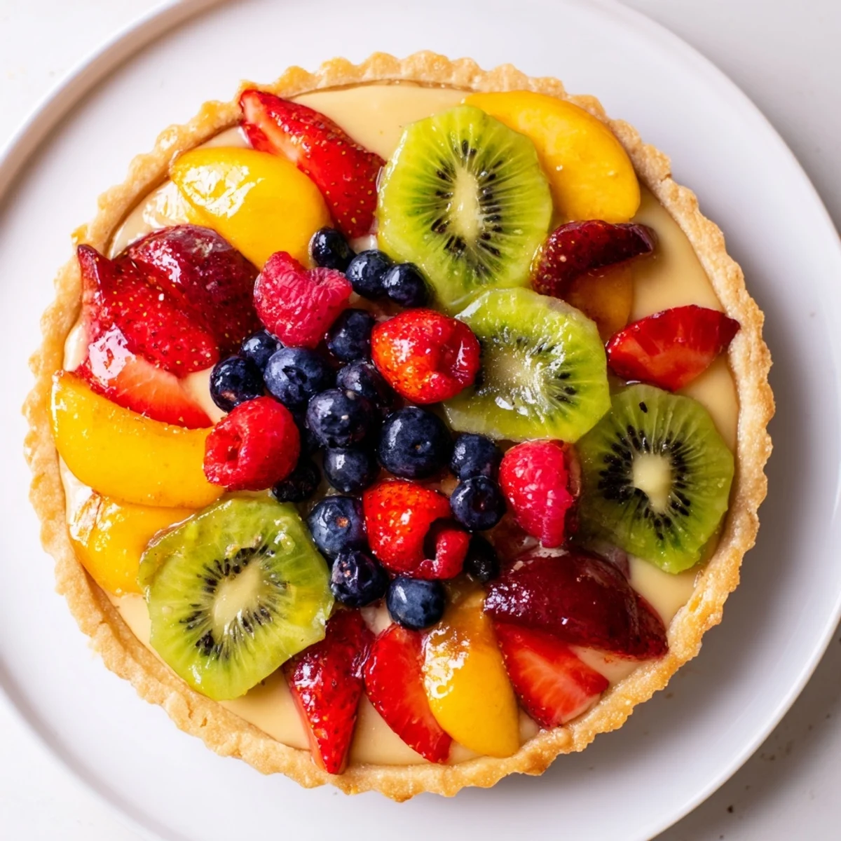 Deftiges Dessert mit goldbrauner Kruste, glatter Custard-Füllung und farbenfrohen Beerentrauben.
