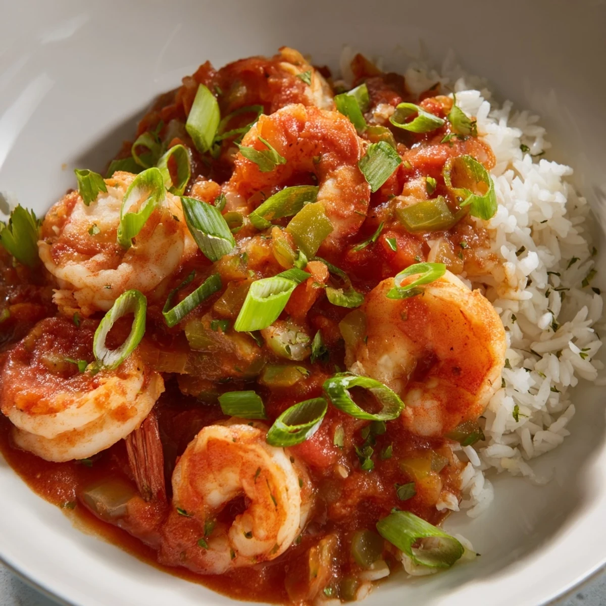 Ein leckeres Shrimp Creole mit saftigen Garnelen in scharfer Tomatensauce auf fluffy weißem Reis.