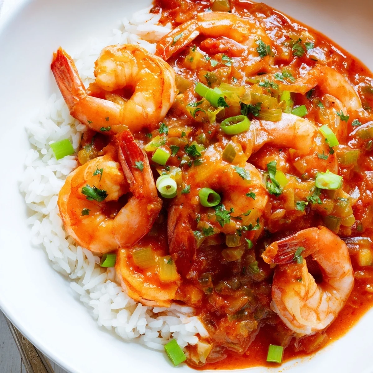 Shrimp Creole: Louisiana-Gericht mit würziger Garnelen-Sauce, serviert über duftendem, weißen Reis.