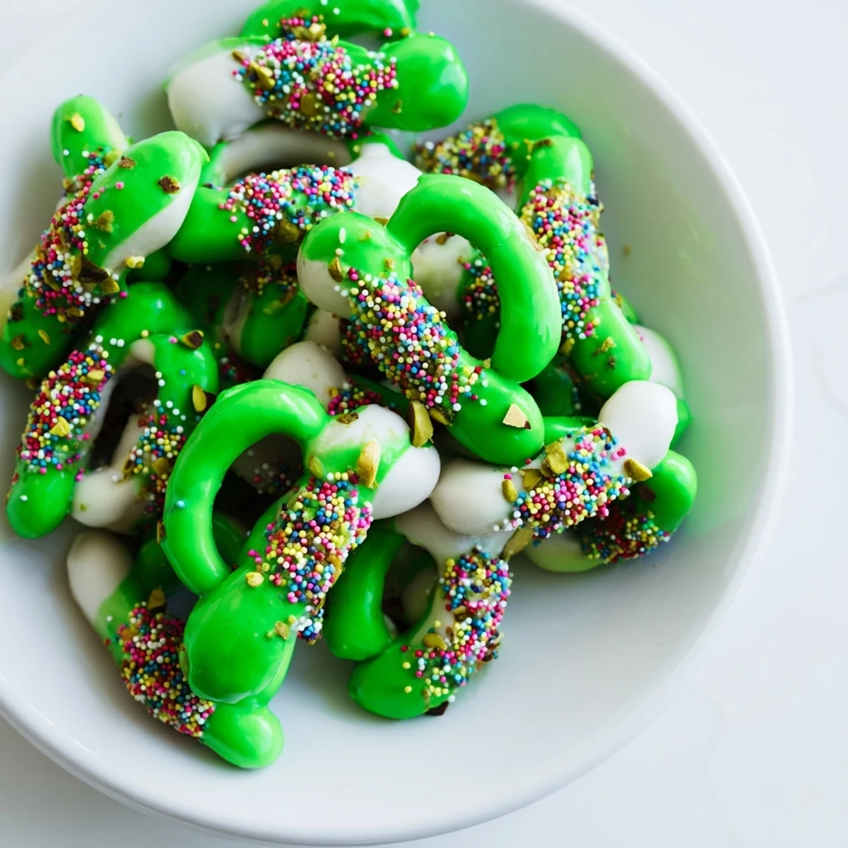 Vibrant green chocolate-dipped pretzel treats, stacked and ready for a festive snack platter.