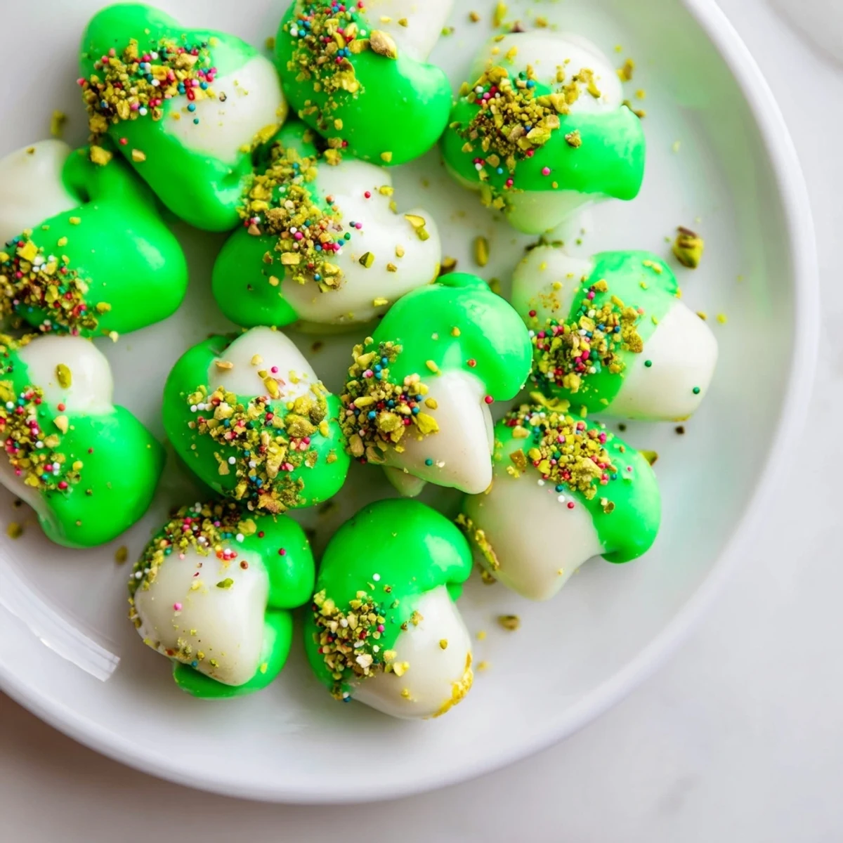 Close-up of green chocolate-covered pretzels with sprinkles, perfect for holiday party trays.