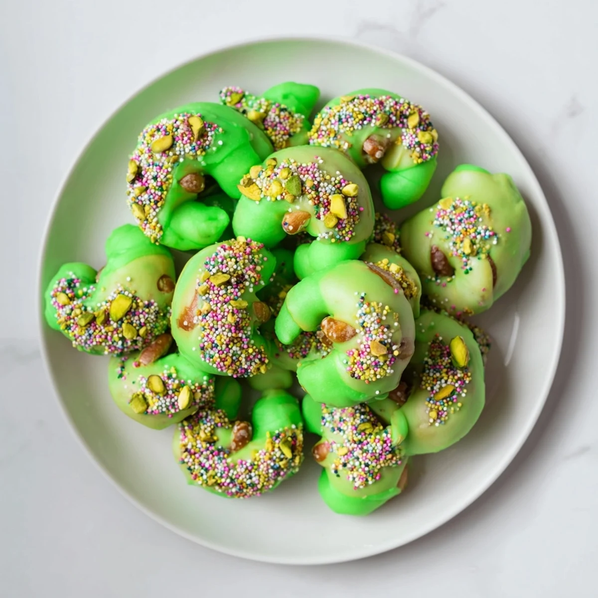 Sweet and salty green chocolate Pretzel Treats glistening on parchment paper, a delicious snack.