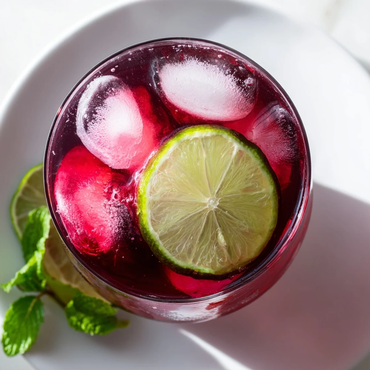 Glass mit Eiswürfeln, lime slices und kühlem Hibiscus Iced Tea, perfekt für einen erfrischenden Sommerdrink.