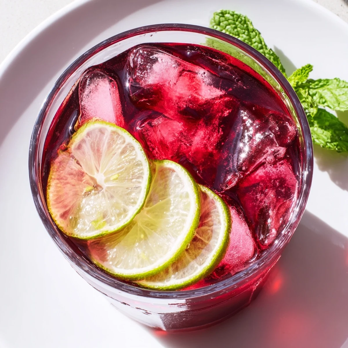Erfrischender Hibiscus Iced Tea über Eis mit Zitronenscheiben, serviert in einem klaren Glas für heiße Tage.