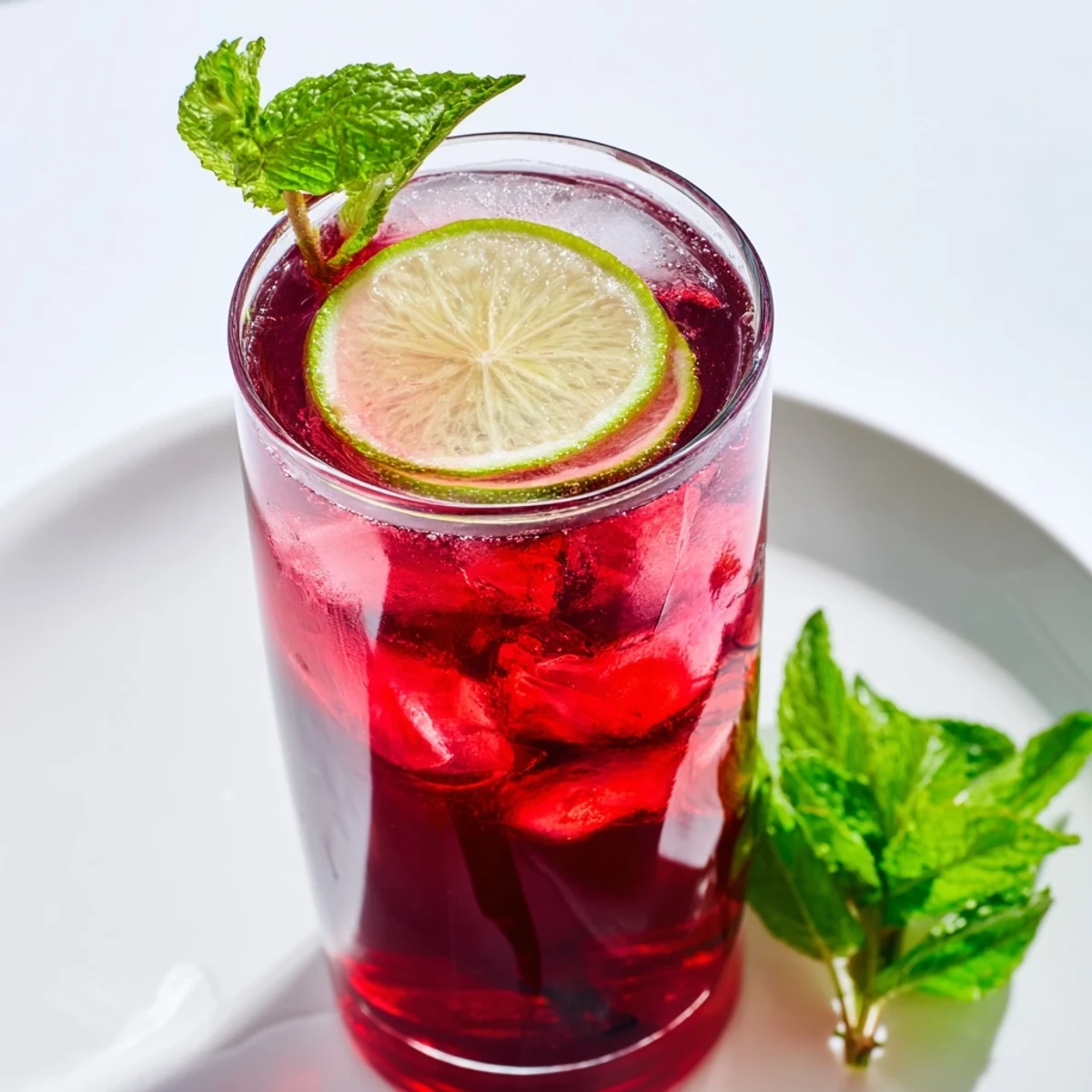 Hibiscus Iced Tea mit rotem Teefarbton, frischen Limettenscheiben und Minzeblättern für eine vielfarbenes Getränk.