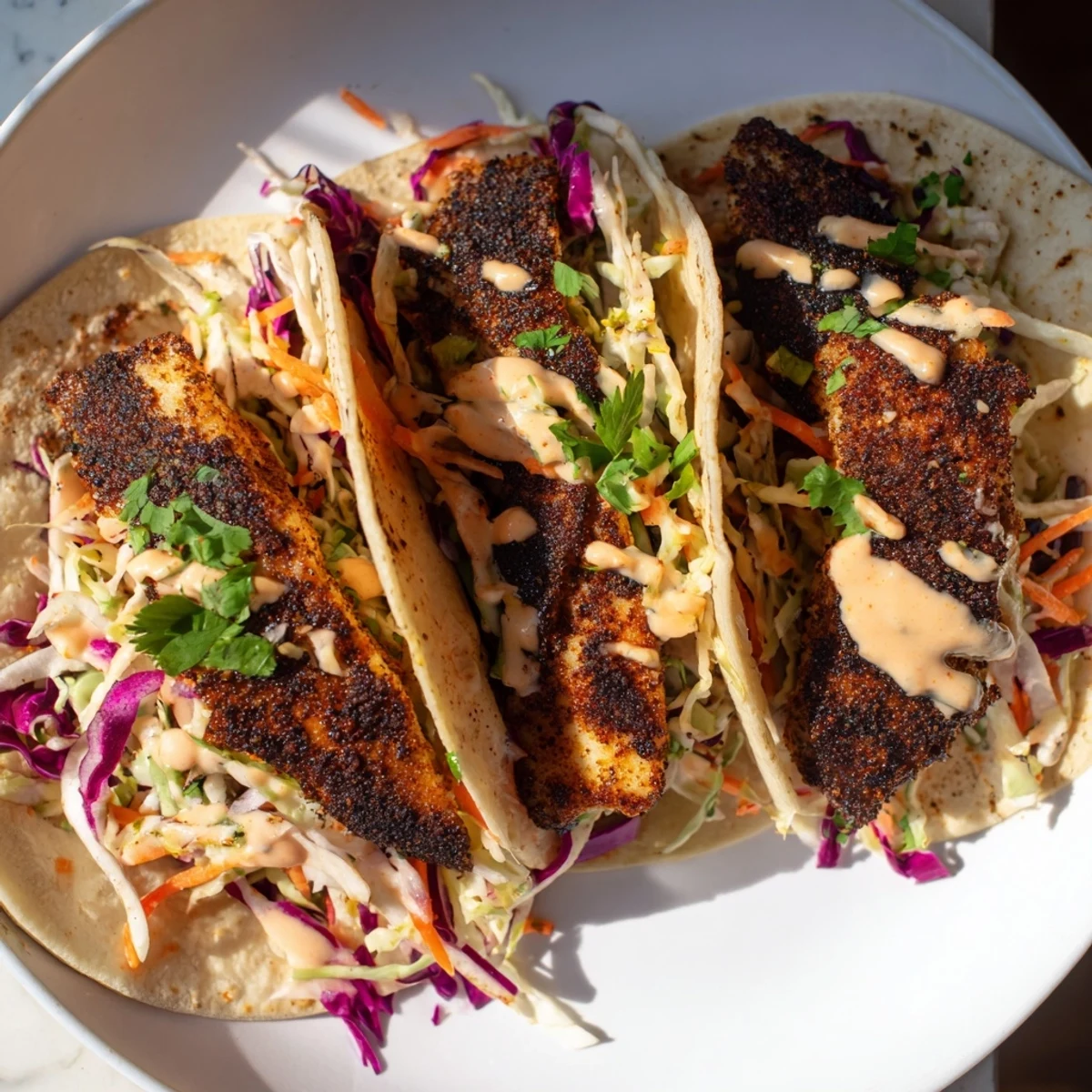 Warm tortillas filled with spiced, blackened fish fillets, crunchy slaw, and a drizzle of creamy mayo, perfect for a fresh dinner.