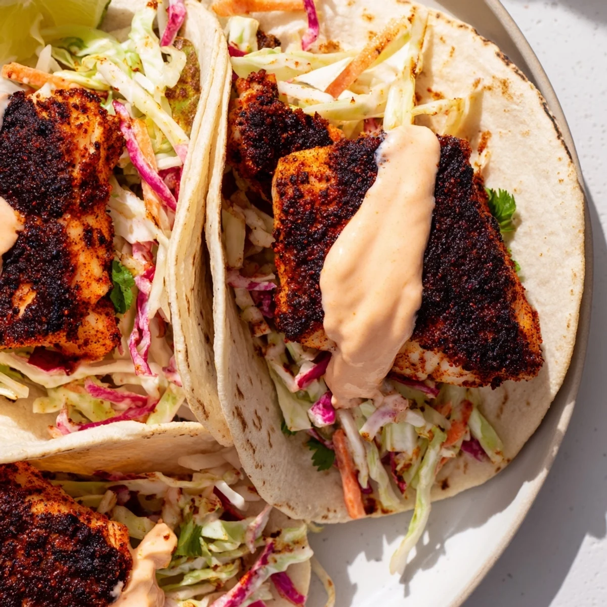 Succulent blackened fish tacos with crisp, colorful slaw and creamy sauce, ideal for a quick and flavorful weeknight meal.