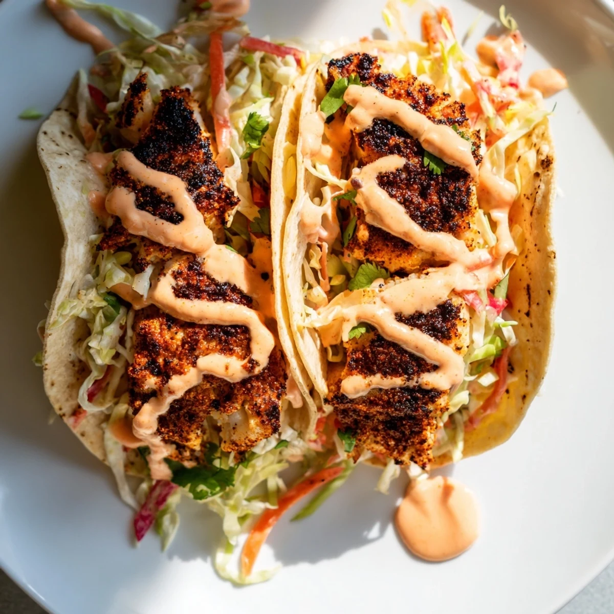 Blackened fish tacos topped with tangy cabbage slaw and a spicy mayo drizzle, served on soft corn tortillas with lime wedges.
