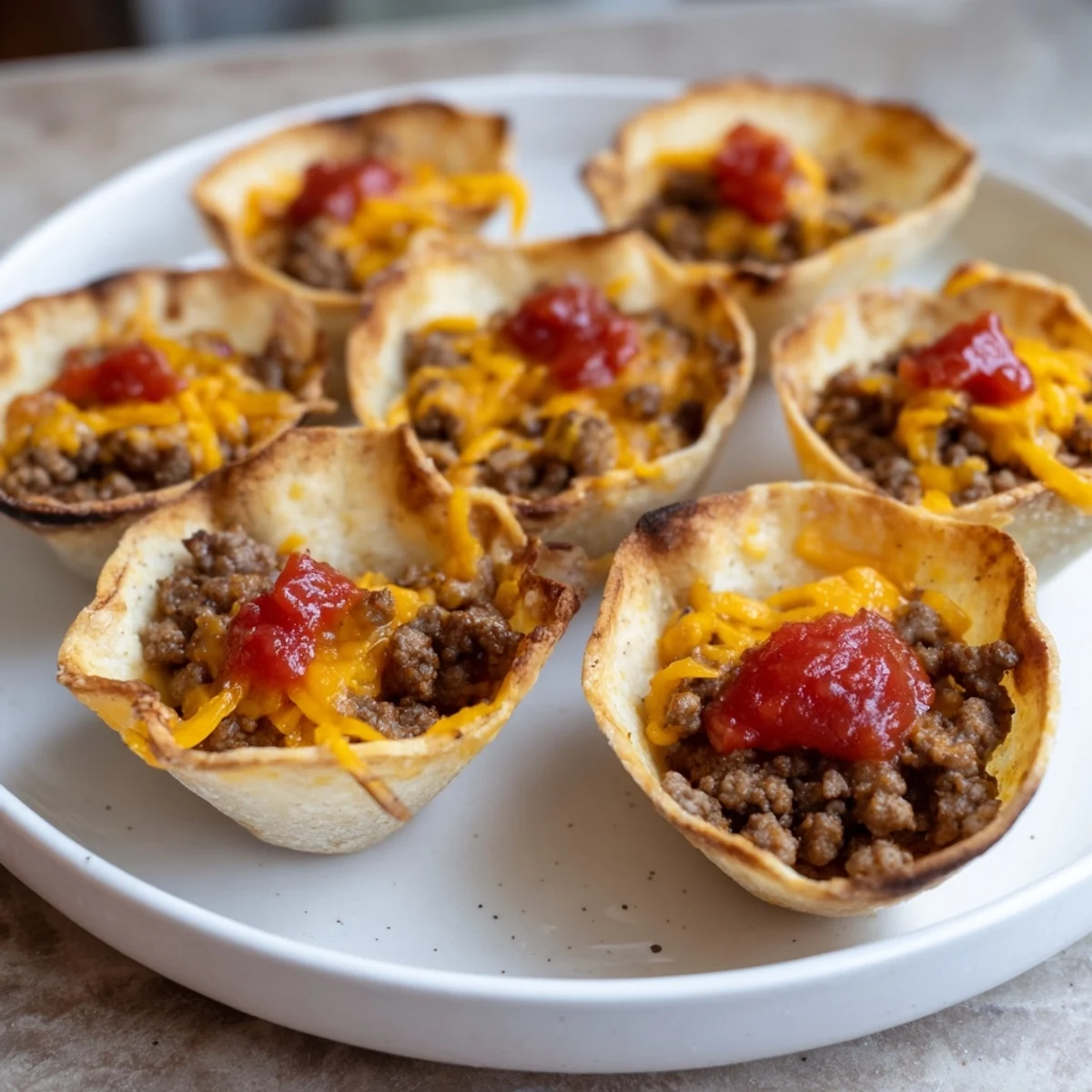 Crispy Taco Cups with Ground Beef and Cheese, baked golden and filled with savory seasoned beef and melted cheddar.