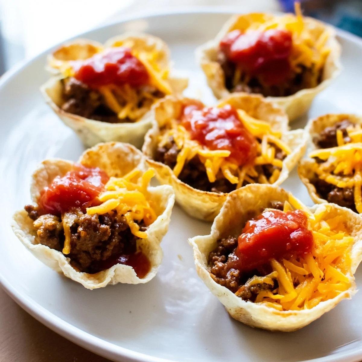 Golden Taco Cups with Ground Beef and Cheese topped with melted cheese and fresh cilantro on a white platter.