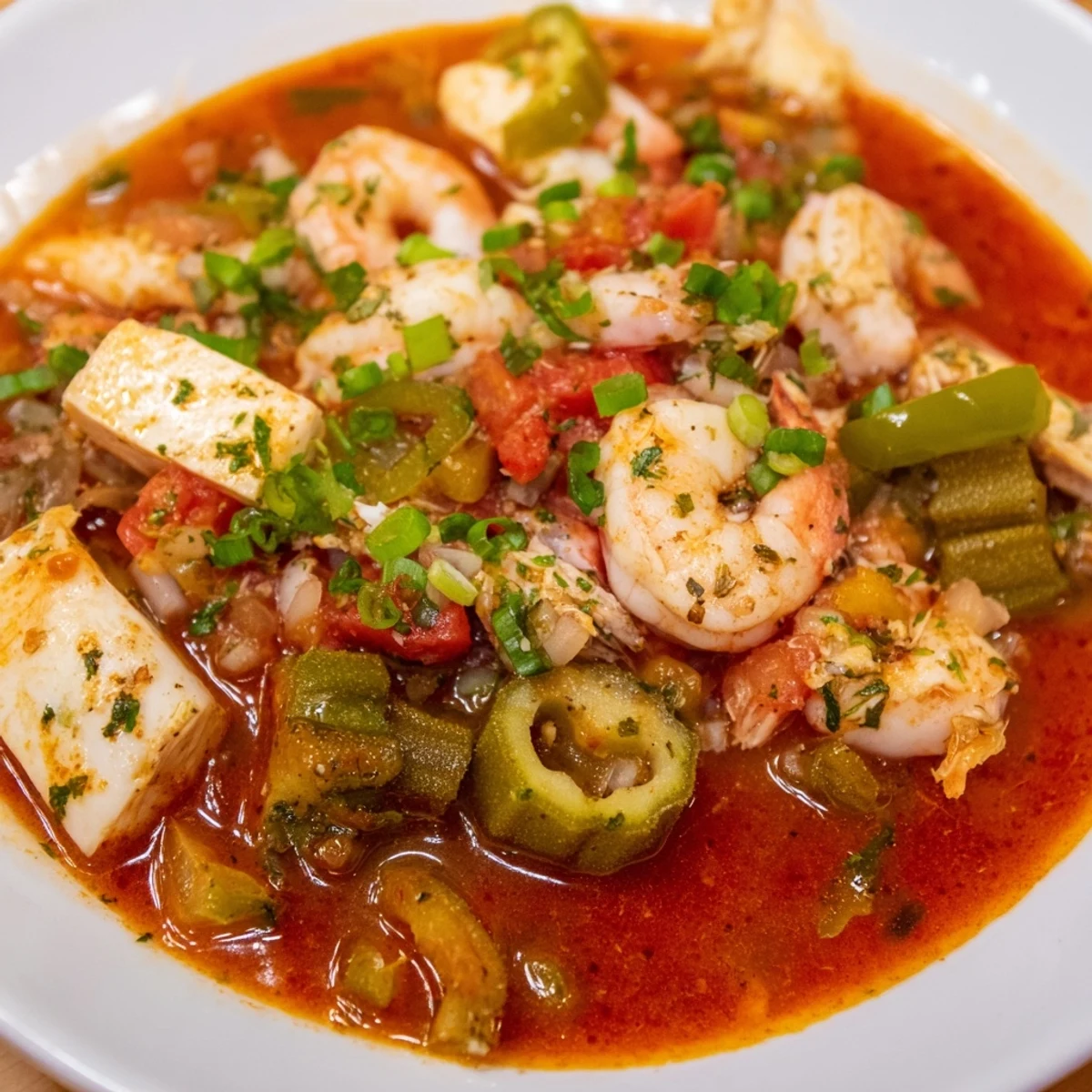 Der Topf dampft mit Seafood Gumbo mit Okra und Tomaten, garniert mit Petersilie auf Reis.