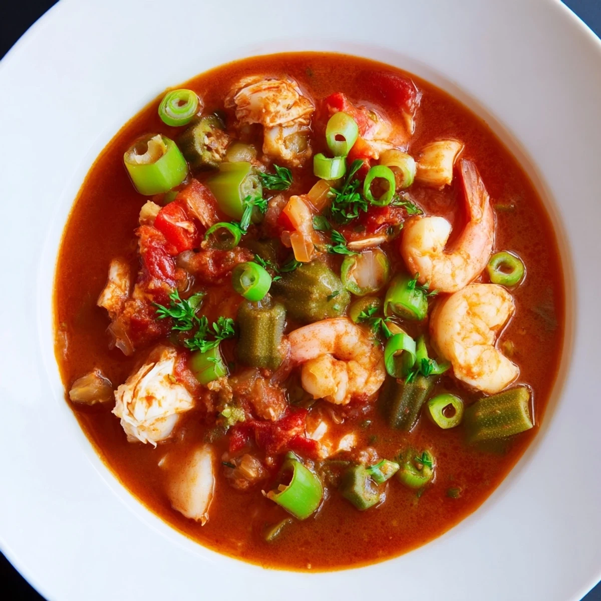 Seafood Gumbo mit Okra und Tomaten gart in einer reichhaltigen Brühe mit saftigem Fisch und Krabbe.