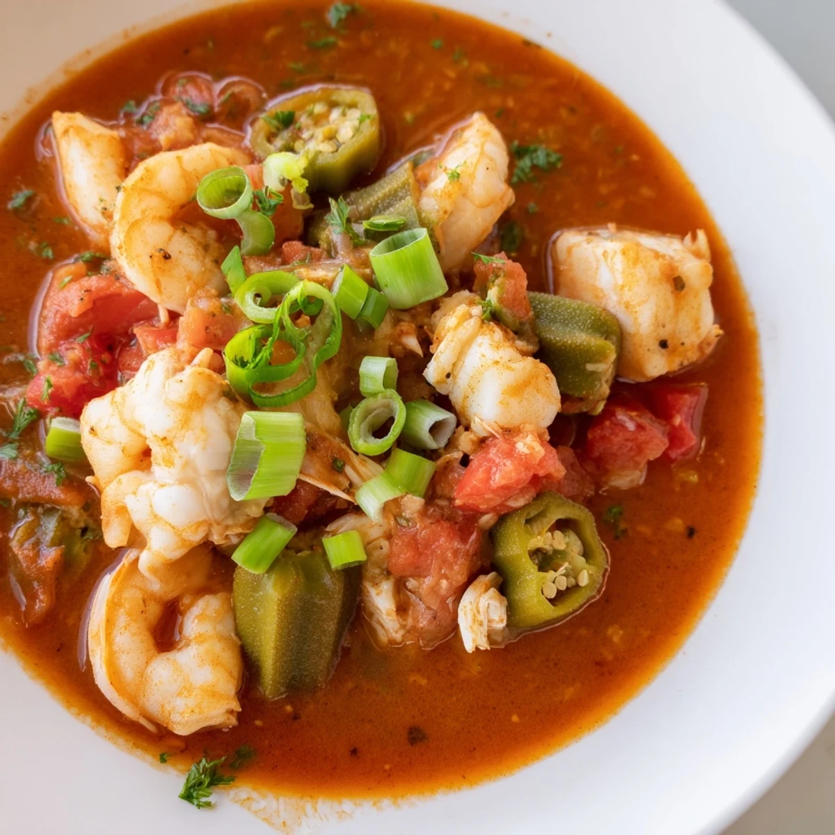 Das servierfertige Seafood Gumbo mit Okra und Tomaten zeigt körnige Okrascheiben in scharfer Creole-Brühe.