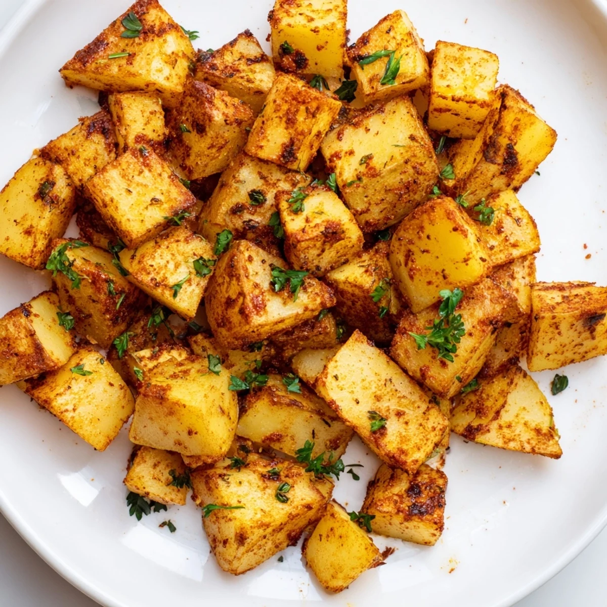 Geröstete Cajun-Schinkenkartoffeln mit Kräutern, goldbraun und knusprig mit würziger Gewürzmischung serviert.