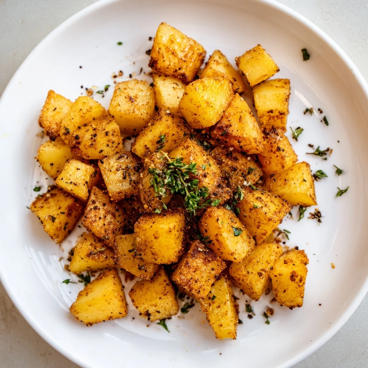 Cajun Spiced Roasted Potatoes with Herbs leuchten in Goldtönen auf dem Blech, frische Petersilie darüber gestreut.